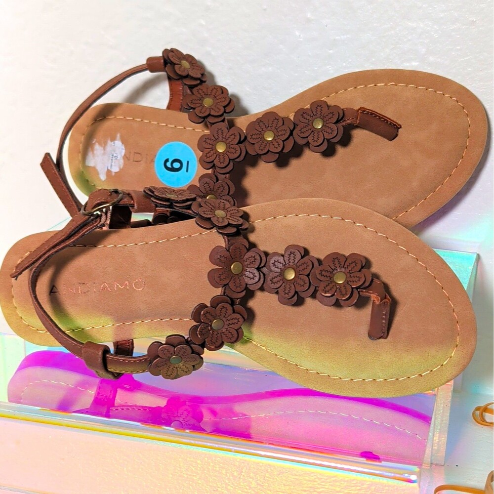 Andiamo Brown Floral Thong Sandals Womens Size 6 Ankle Strap Boho New